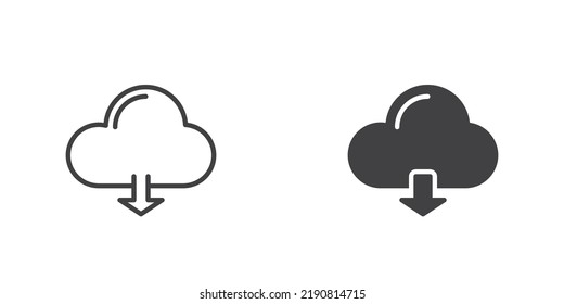 Icono de descarga en nube, versión de línea y glifo, símbolo de contorno y signo vectorial relleno. Computación en nube lineal y pictograma completo. Símbolo, ilustración del logotipo. Conjunto de iconos de estilo diferente