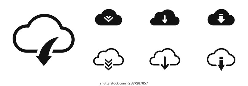 Cloud download icon set. Download files icons. Data download icon. Upload cloud storage sign. Vector illustration.