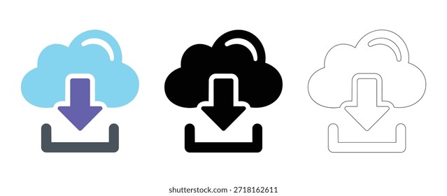 Conjunto de Vectores de íconos de Descarga en la nube: símbolos de almacenamiento en la nube de color, sólidos y esquemas