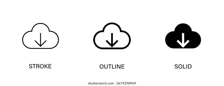 Iconos de Descarga en la nube para tecnología, computadoras, almacenamiento en línea, datos. Iconos de trazo de Vector, contorno y sólidos. EPS10.