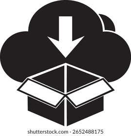 Cloud download into open box icon representing data transfer and storage isolated on transparent background	