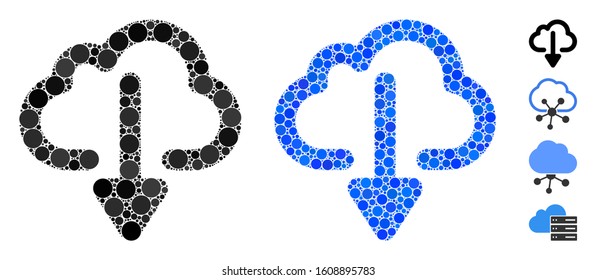 Cloud download mosaic of small circles in variable sizes and color hues, based on cloud download icon. Vector small circles are united into blue composition.
