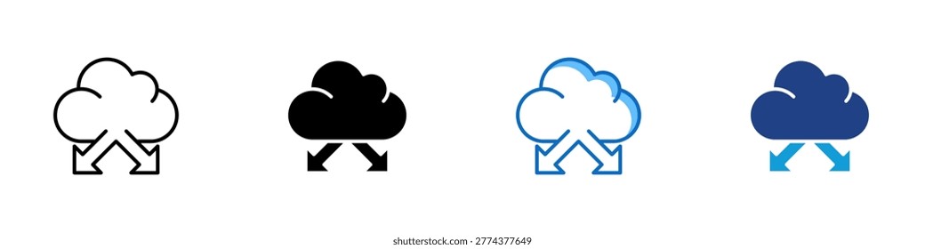 Cloud Download Multiple Style Icon Design Vector - Cloud with two downward arrows representing multi source cloud download, data retrieval, and file transfer from remote storage to local device