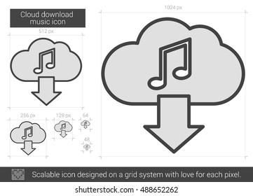 Icono de línea vectorial de la música de descarga en nube aislado en fondo blanco. Icono de línea de música para descarga en nube para infografía, sitio web o aplicación. Icono escalable diseñado en un sistema de cuadrícula.
