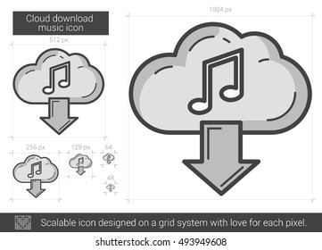 Cloud download music vector line icon isolated on white background. Cloud download music line icon for infographic, website or app. Scalable icon designed on a grid system.