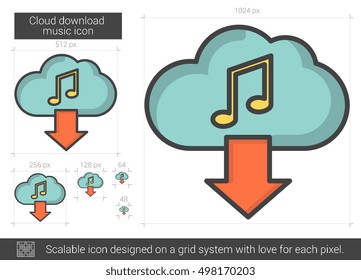 Cloud download music vector line icon isolated on white background. Cloud download music line icon for infographic, website or app. Scalable icon designed on a grid system.