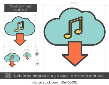 Cloud download music vector line icon isolated on white background. Cloud download music line icon for infographic, website or app. Scalable icon designed on a grid system.