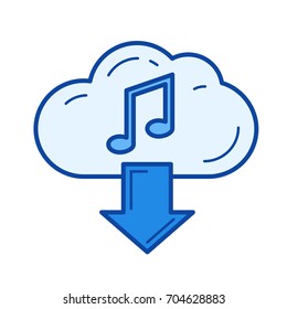 Ícone de linha de vetor de música de download na nuvem isolado no fundo branco. Ícone de linha de música para download na nuvem para infográfico, site ou aplicativo. Ícone azul projetado em um sistema de grade.