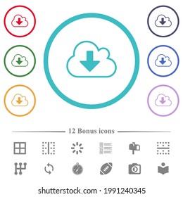 Los iconos de color plano del contorno de descarga en nube en contornos de forma circular. 12 íconos adicionales incluidos.