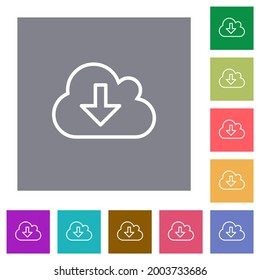 Cloud download outline flat icons on simple color square backgrounds