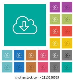 Cloud download outline multi colored flat icons on plain square backgrounds. Included white and darker icon variations for hover or active effects.