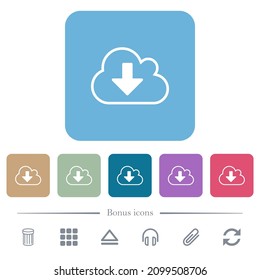 Los iconos planos blancos del contorno de descarga en la nube en los fondos cuadrados redondeados de color. 6 iconos de bonificación incluidos