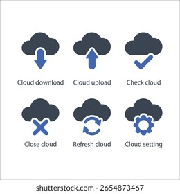 Download, upload, Verificar, Fechar, Atualizar, configuração, ícone