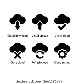 Descarga en la nube, Cargar, Comprobar, Cerrar, Actualizar, configuración, icono