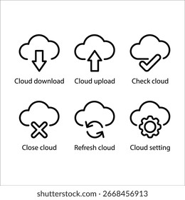 Descarga en la nube, Cargar, Comprobar, Cerrar, Actualizar, configuración, icono, Conjunto de iconos de línea