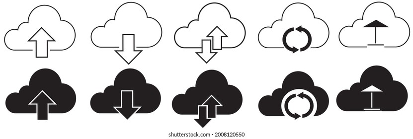 Icono de descarga y envío en la nube. Cargar flecha de descarga en la nube. Estilo de línea. Descargue el contorno de computación en nube y el signo vectorial relleno. Símbolo de descarga.