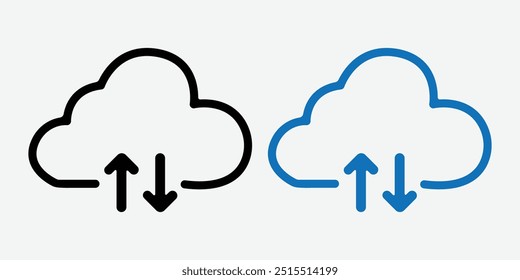 Ícone de download e carregamento de nuvem. Seta para carregar nuvem de download. Estilo da linha. Baixar resumo de computação em nuvem e sinal de vetor preenchido. Símbolo de download.