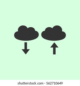 Cloud download and upload icon flat. Grey vector symbol on green background