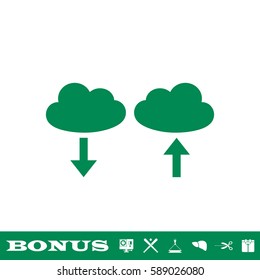 Cloud download and upload icon flat. Green pictogram on white background. Vector illustration symbol and bonus button