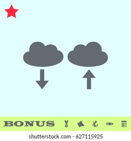 Cloud download and upload icon flat. Grey pictogram on blue background. Vector illustration symbol and bonus buttons medal, cow, earth, eye, calculator