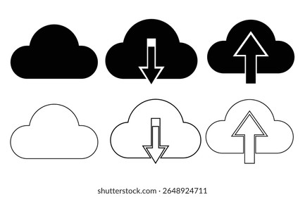 Conjunto de iconos de Descarga y Cargar en la nube. Esquema de computación en la nube de Descarga y signo de Vector lleno, iconos de vectores de flecha de nube de Descarga Cargar sobre fondo blanco. Ilustración vectorial.