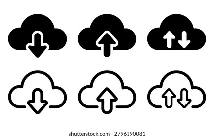 cloud download upload icon set in black and white with bold outline arrows