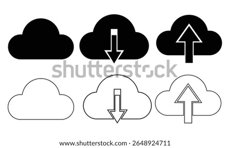 Cloud download and upload icon set. Download cloud computing outline and filled vector sign, Upload download cloud arrow vector icons on white background. Vector illustration.
