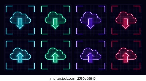 Cloud download upload symbol set, cyber neon visual, glowing border grid vector.	