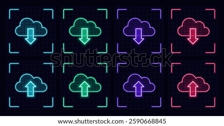 Cloud download upload symbol set, cyber neon visual, glowing border grid vector.	
