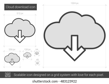 Icono de línea vectorial de descarga en nube aislado en fondo blanco. Icono de línea de descarga en nube para infografía, sitio web o aplicación. Icono escalable diseñado en un sistema de cuadrícula.
