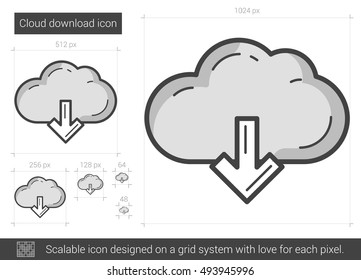 Icono de línea vectorial de descarga en nube aislado en fondo blanco. Icono de línea de descarga en nube para infografía, sitio web o aplicación. Icono escalable diseñado en un sistema de cuadrícula.
