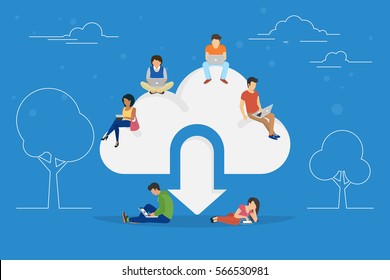 Cloud downloading concept illustration of young people using mobile gadgets such as tablet pc and laptop for downloading app from cloud storage. Flat design of guys and women standing near big symbol