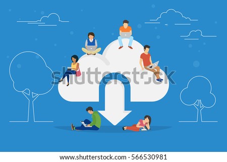 Cloud downloading concept illustration of young people using mobile gadgets such as tablet pc and laptop for downloading app from cloud storage. Flat design of guys and women standing near big symbol