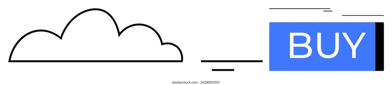Cloud drawing connected to a blue BUY button. Ideal for e-commerce, cloud computing, digital services, online shopping, technology integration, virtual goods, SaaS. Line metaphor