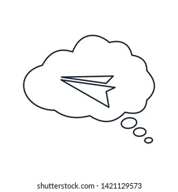 A cloud of dreams with a flying paper airplane. Flight of fancy. Vector linear icon.