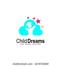 Diseños del logotipo de sueños en la nube, plantilla del logotipo de sueño infantil, iconos de los estudiantes