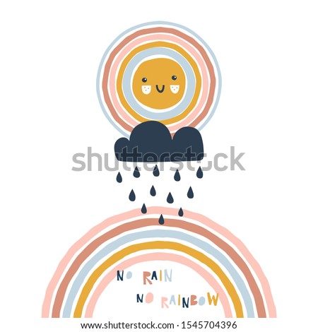 Cloud with droplets, decorative arc, cute sun with kawaii face. No rain no rainbow text. Scandinavian paper cut style childish weather illustration isolated on white in vector. Nursery poster print
