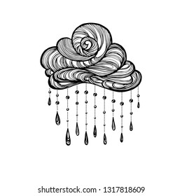 Cloud with drops of dew, rain. Pendant or a pendant, a keychain with the symbol of rain. Design for tattoo or print. Vector illustration. Rainfall. Cloudy weather.
