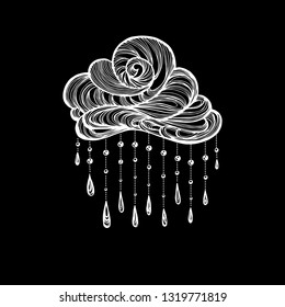 Cloud with drops of dew, rain. Pendant or a pendant, a keychain with the symbol of rain. Design for tattoo or print. Vector illustration. Rainfall. Cloudy weather.
