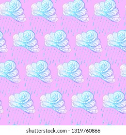 Cloud with drops of dew, rain. Rainfall. Cloudy weather. Pattern for the interior of the children's room.  Wallpaper or wrapping paper. Printing on textile fabric, cover. Seamless vector ornament.