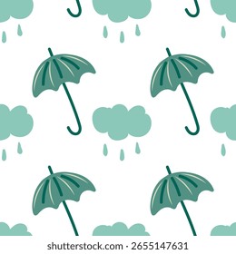 Nuvem com gotas de chuva e guarda-chuva. Padrão chuvoso e sem emenda.