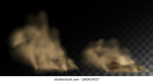 Nube de polvo, tornado de arena con suciedad, nube de polvo con partículas. Vector realista aislado en el aire de fondo transparente con partículas de polvo o suciedad.
