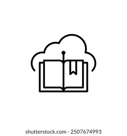 Cloud e-book icon. A minimal vector illustration of an open book with a cloud, symbolizing cloud-based digital reading or online libraries. Perfect for e-learning, cloud storage. Vector illustration