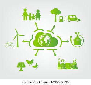 Cloud ecology concept.Green cities help the world with eco-friendly ideas.vector illustration