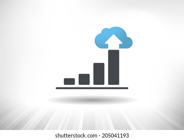 Cloud Economy. Cloud computing concept with rising bar chart and blue cloud ending the trend. Background and graph layered for easy customization. Fully scalable vector illustration.