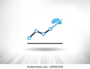 Cloud Economy. Cloud computing concept with rising line chart and blue cloud ending the trendline arrow. Background and graph layered for easy customization. Fully scalable vector illustration.