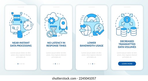 Cloud and edge tech innovations blue onboarding mobile app screen. Walkthrough 4 steps editable graphic instructions with linear concepts. UI, UX, GUI template. Myriad Pro-Bold, Regular fonts used