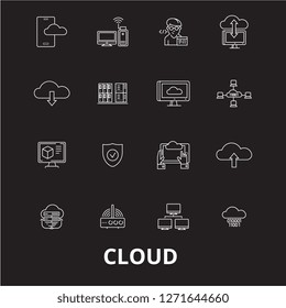Cloud editable line icons vector set on black background. Cloud white outline illustrations, signs, symbols