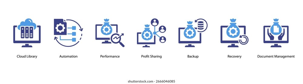Cloud Efficiency web banner vector illustration featuring Cloud Library, Automation, Performance, Profit Sharing, Backup, Recovery, and Document Management.