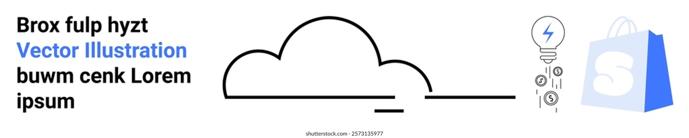 Cloud with an electric light bulb and a shopping bag icon. Ideal for cloud computing, creativity, shopping, innovation, and business services. Minimalistic design with a focus on simplicity. Landing